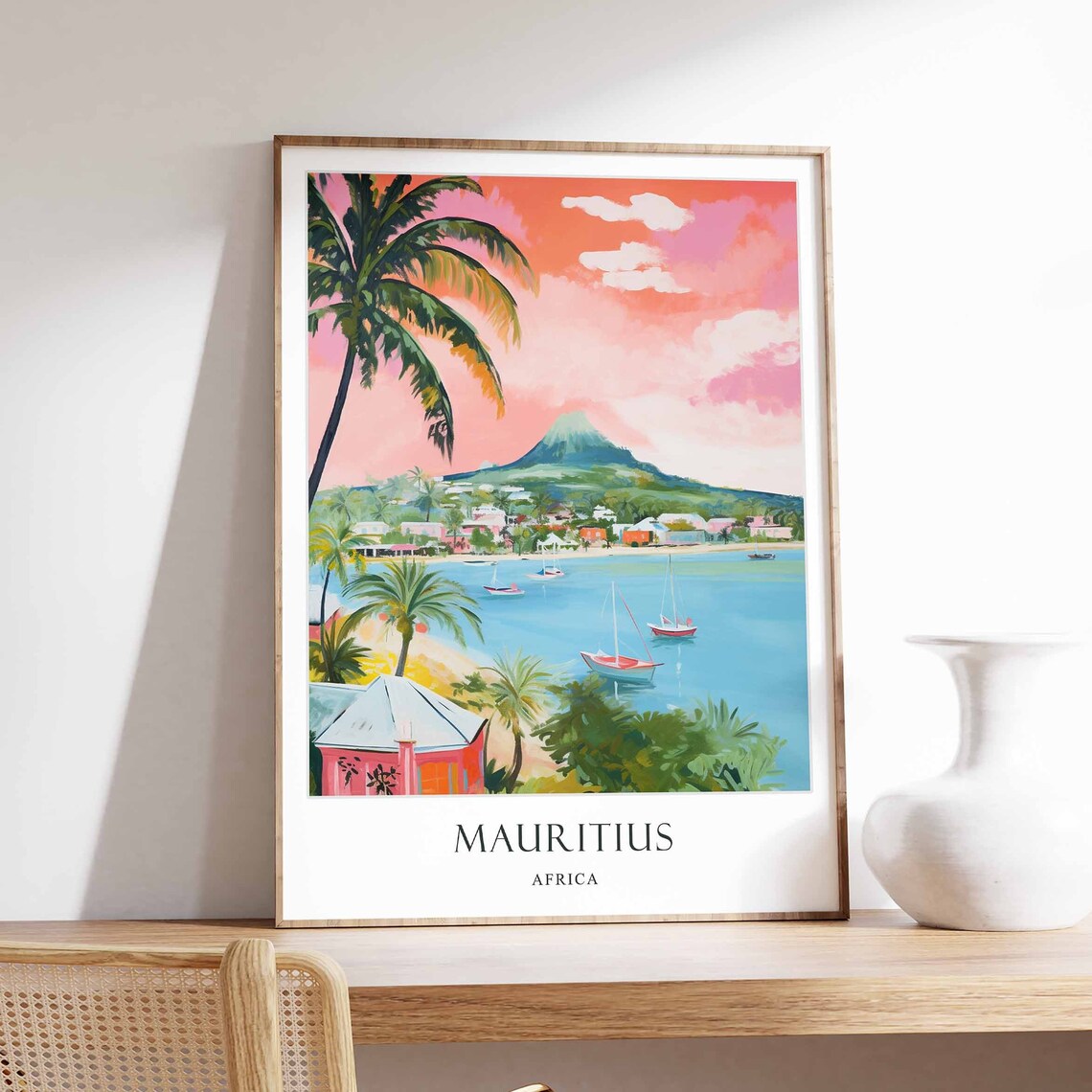 Mauritius Island Paradise Palm Beach Sunset Travel Art Poster