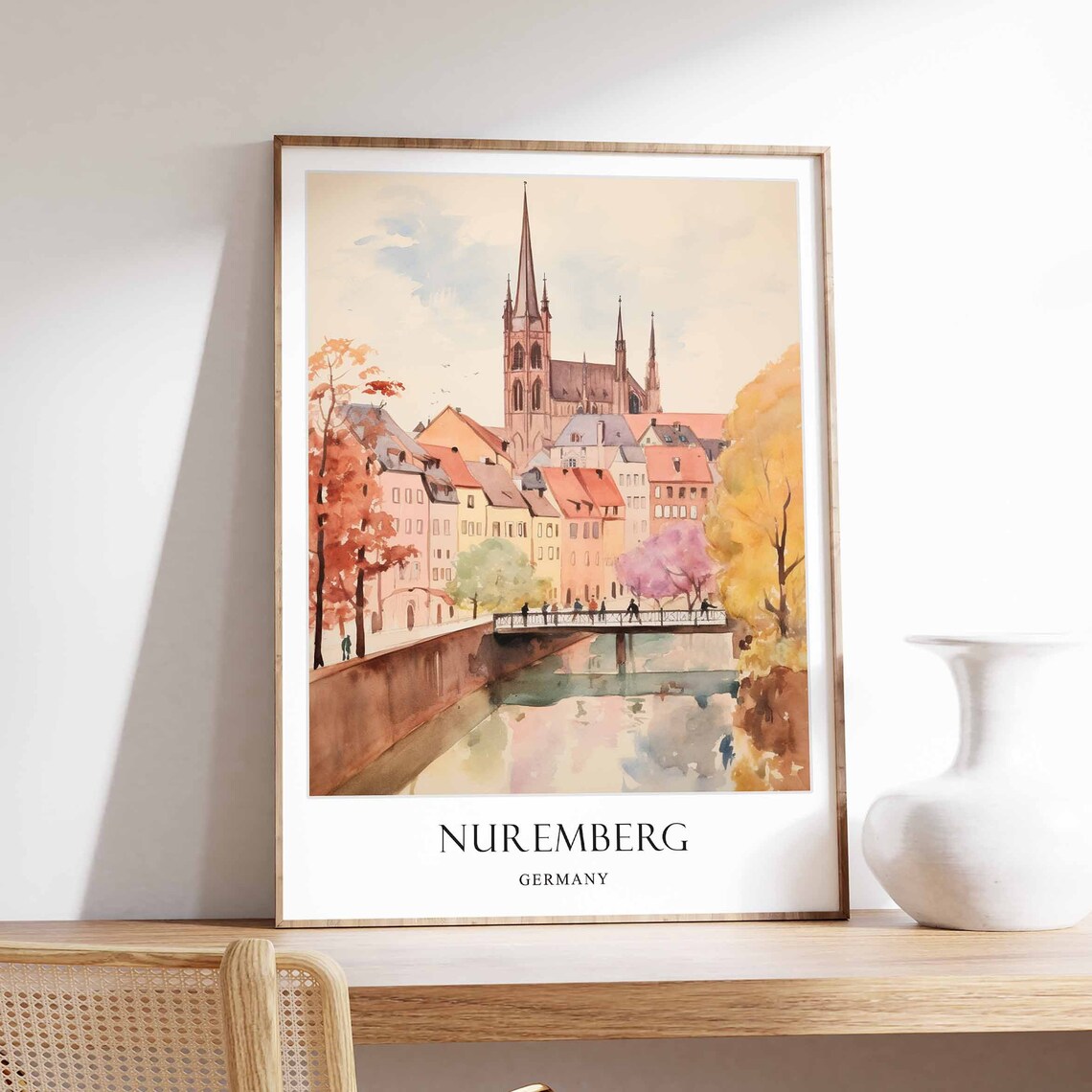 Nuremberg Germany Riverside Church Autumn Bridge Watercolor Poster
