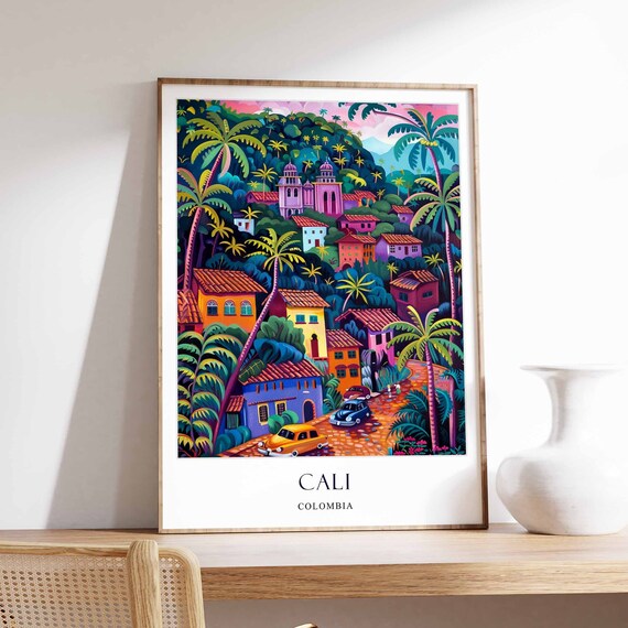 Cali Colombia Neon Tropical Village Palm Trees Scene Art Poster
