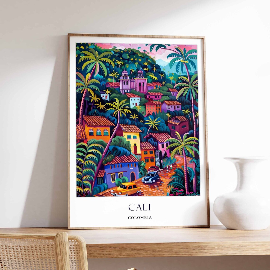 Cali Colombia Neon Tropical Village Palm Trees Scene Art Poster