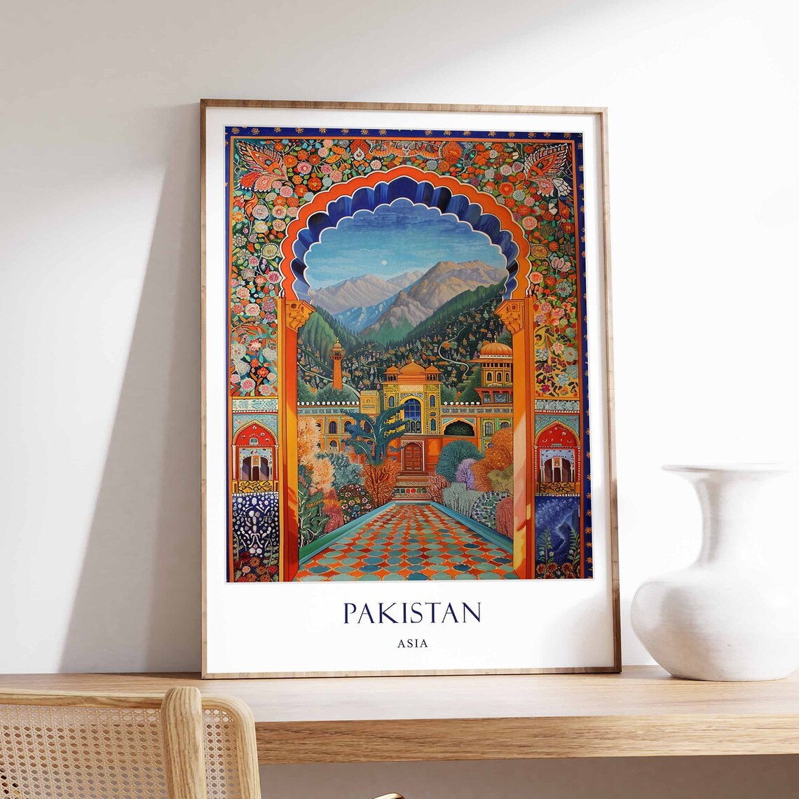 Pakistan Asia Ornamental Mughal Arch Mountain View Travel Poster