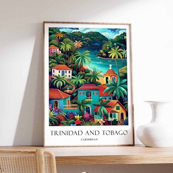 Trinidad and Tobago Caribbean Colorful Village Travel Poster