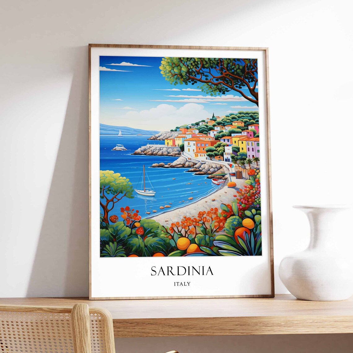 Sardinia Italy Colorful Coastal Town Sailboats Travel Art Poster