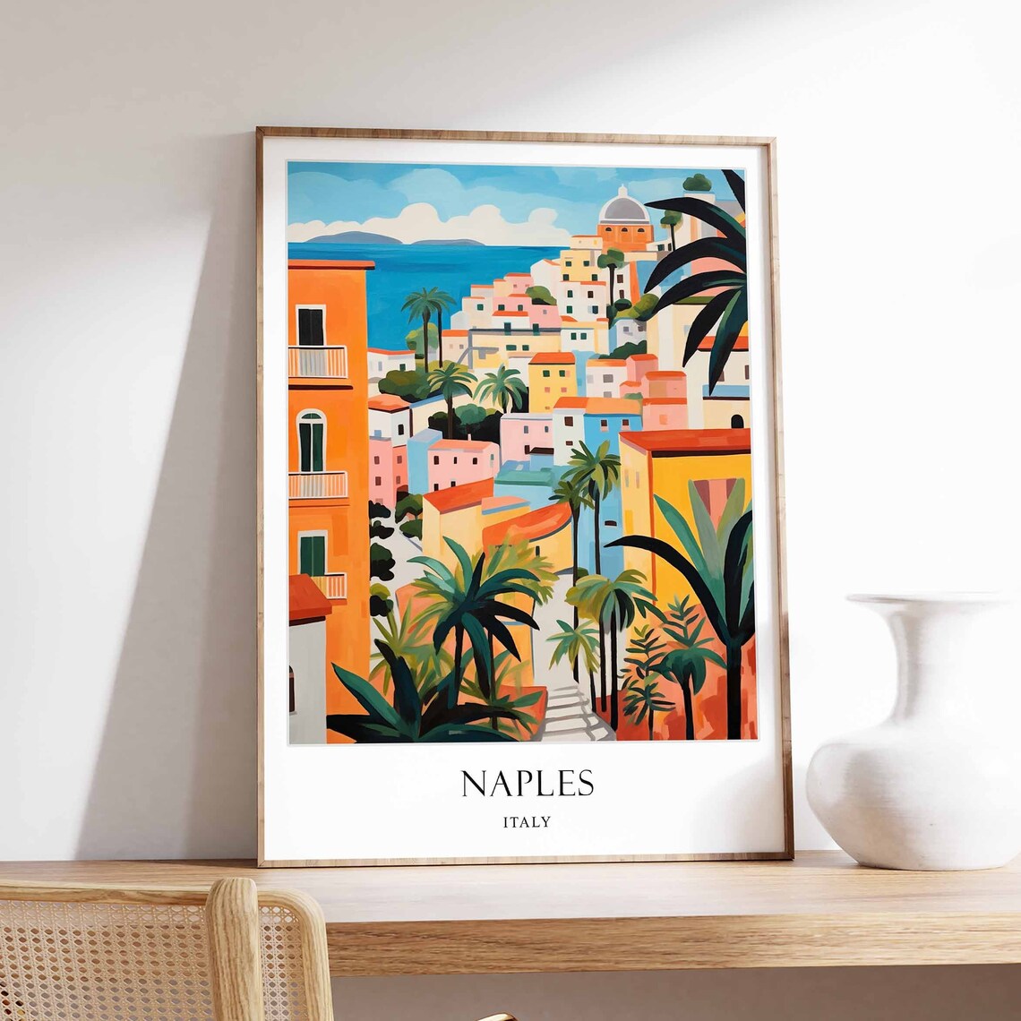 Naples Italy Colorful Coastal Town Palm Mediterranean Travel Poster