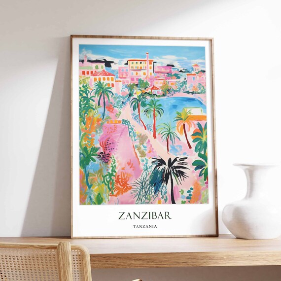Zanzibar Tanzania Colorful Tropical Coastal City Travel Poster