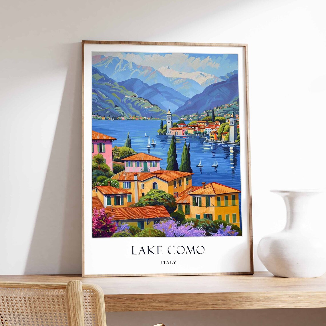 Lake Como Italy Lakeside Village Sailboats Mountain Travel Poster
