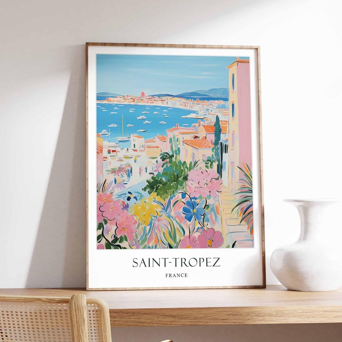 Saint Tropez France Harbor Pastel Floral Mediterranean Travel Poster