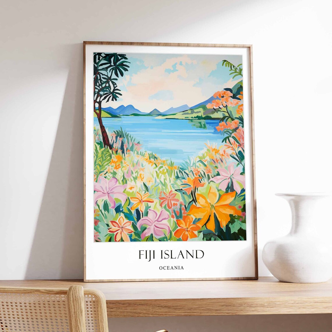 Fiji Island Tropical Flowers And Lagoon Colorful Travel Poster