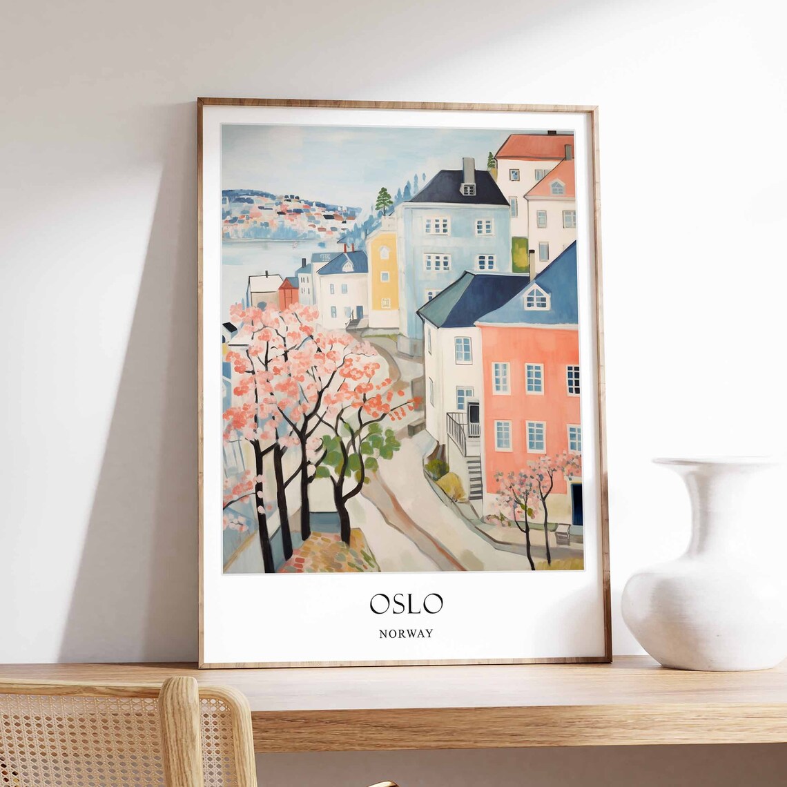 Oslo Norway Spring Blossom Street Pastel City View Travel Poster