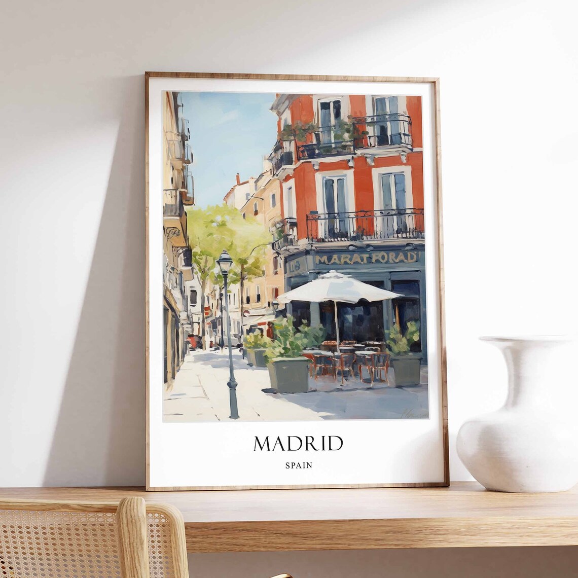Madrid Spain Sunlit Cafe Street Balconies Watercolor Old Town Poster