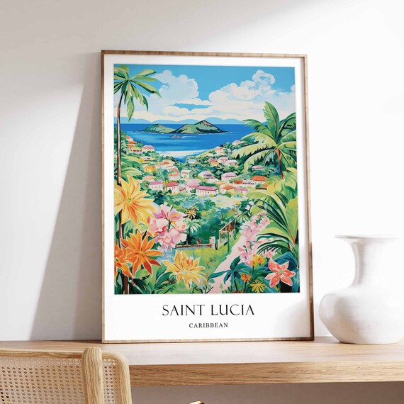 Saint Lucia Caribbean Island Tropical Bay Town Palm Trees Poster