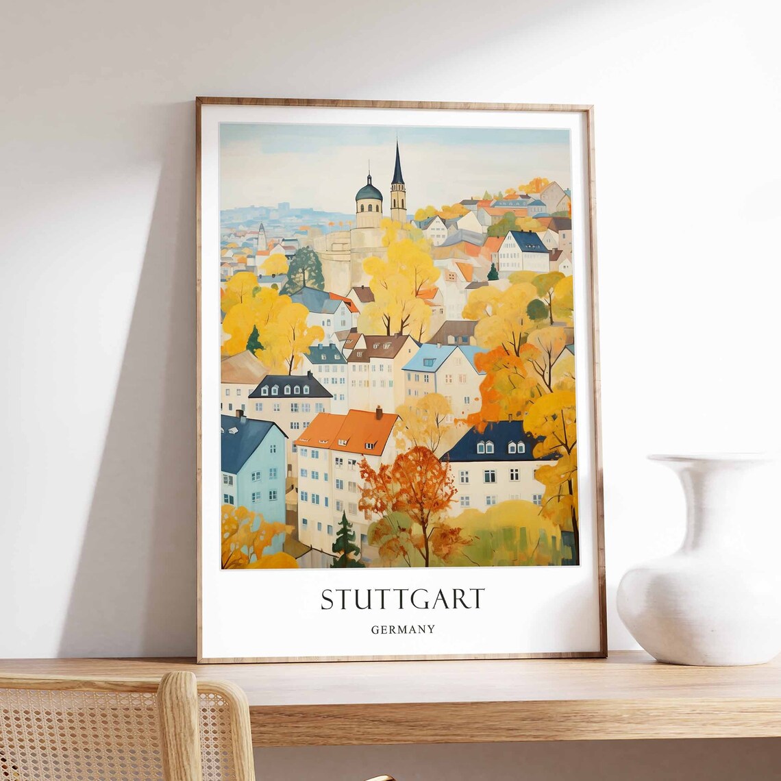 Stuttgart Germany Autumn Hillside Cityscape Vintage Travel Poster