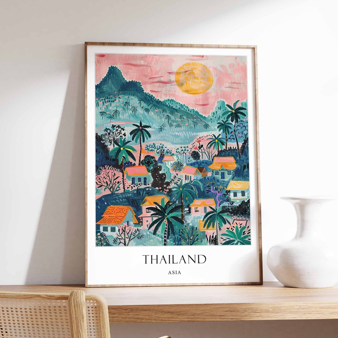 Thailand Asia Tropical Village Sunset Palm Trees Travel Poster