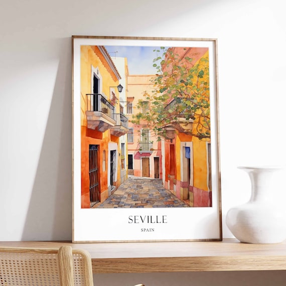 Seville Spain Colorful Old Town Cobblestone Street Watercolor Poster
