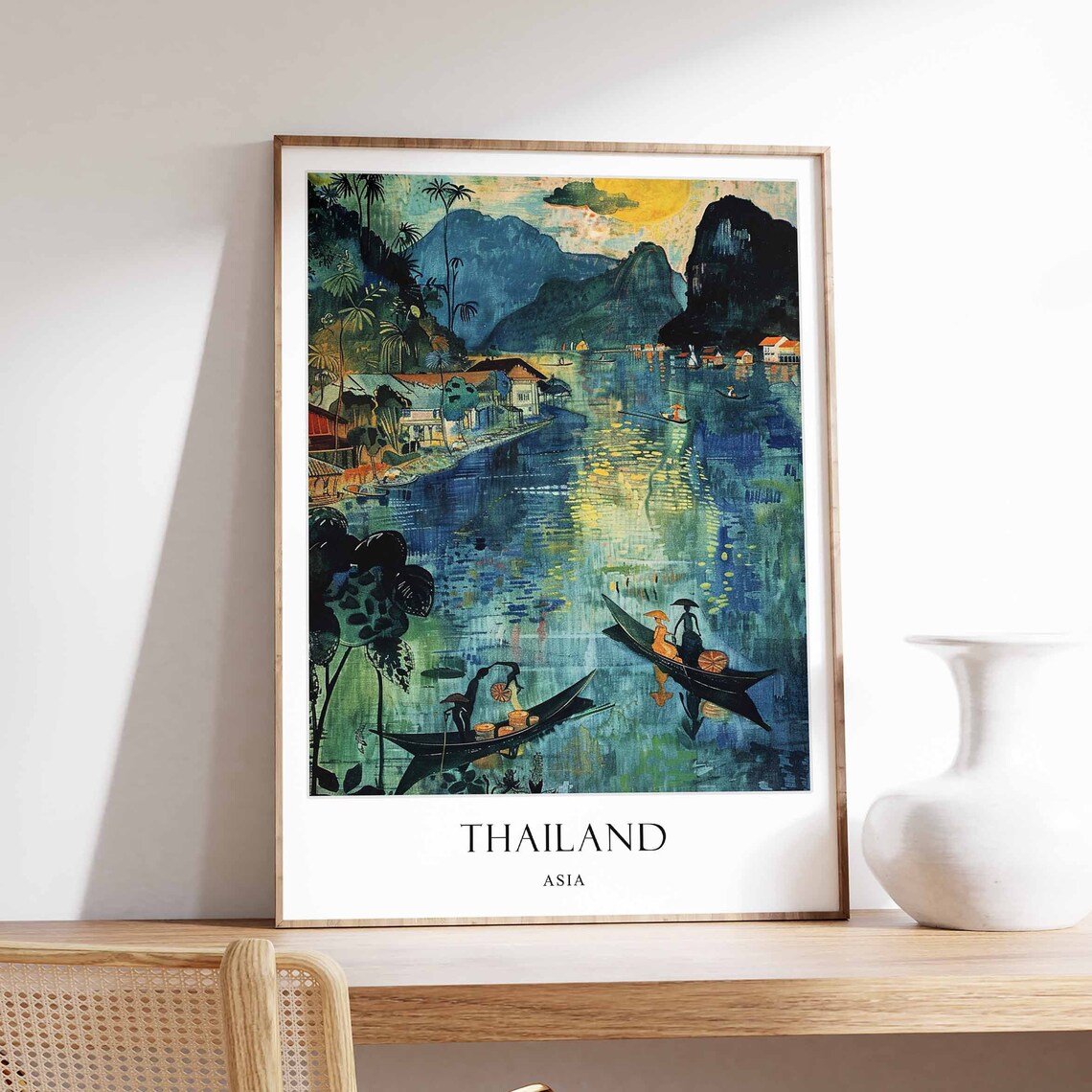 Thailand Riverside Boats Golden Sunset Travel Collection Poster