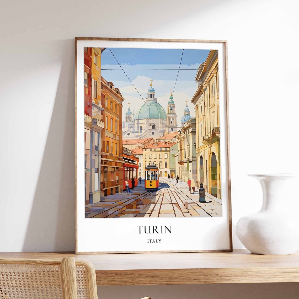 Turin Italy Vintage Yellow Tram Street Scene Travel Art Poster