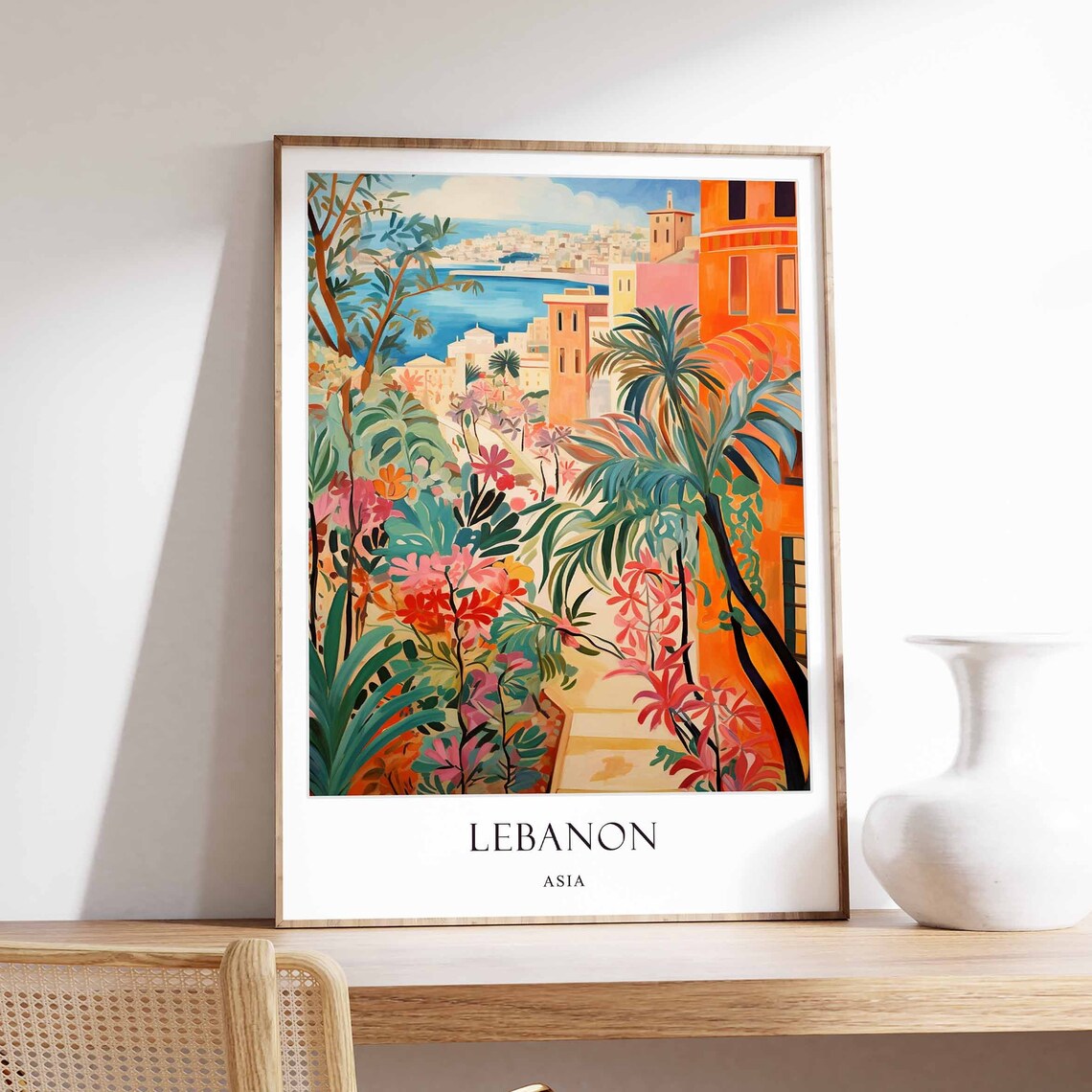 Lebanon Coastal Hillside Cityscape Travel Poster With Floral Bay View