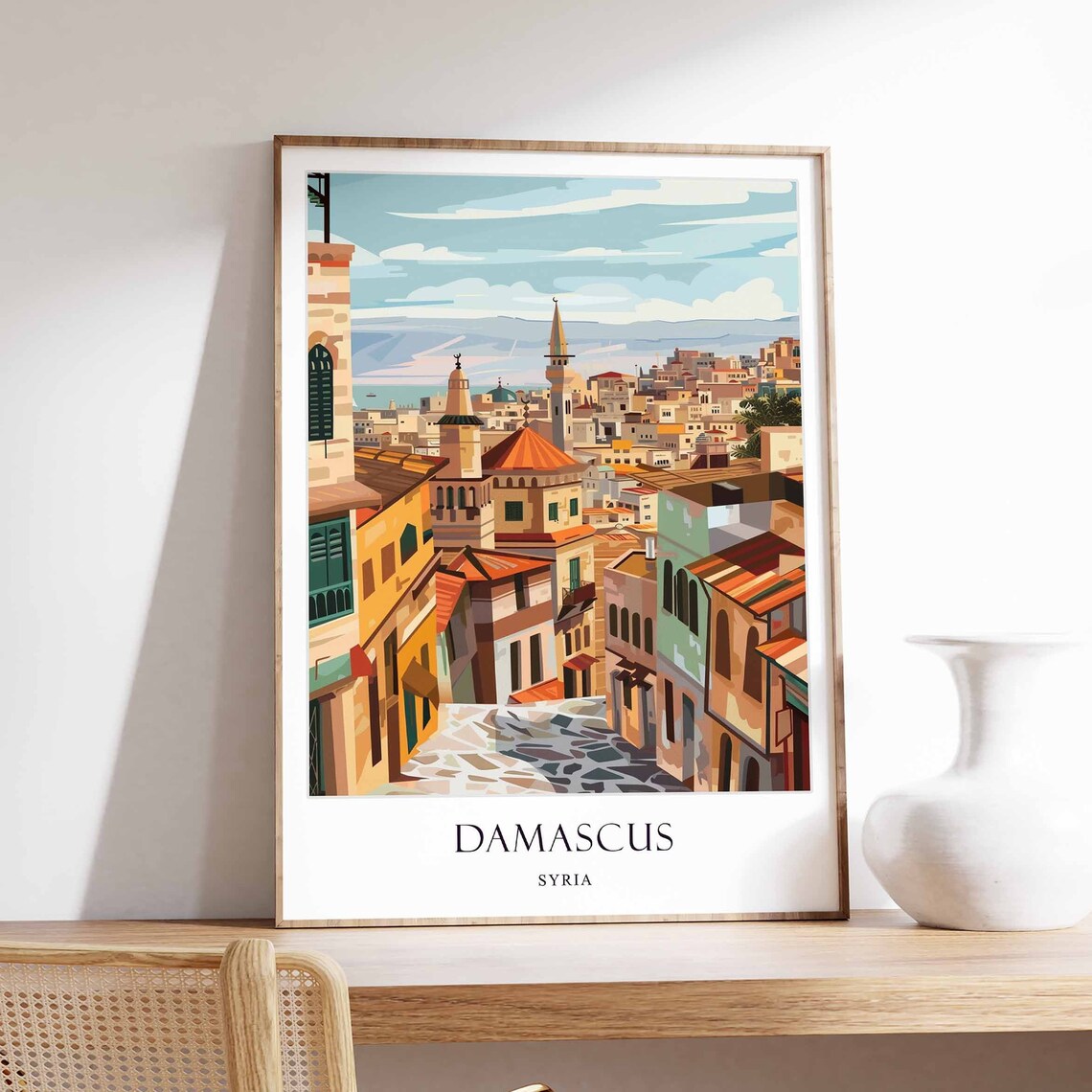 Damascus Syria Old Town Minarets Retro Travel Cityscape Poster