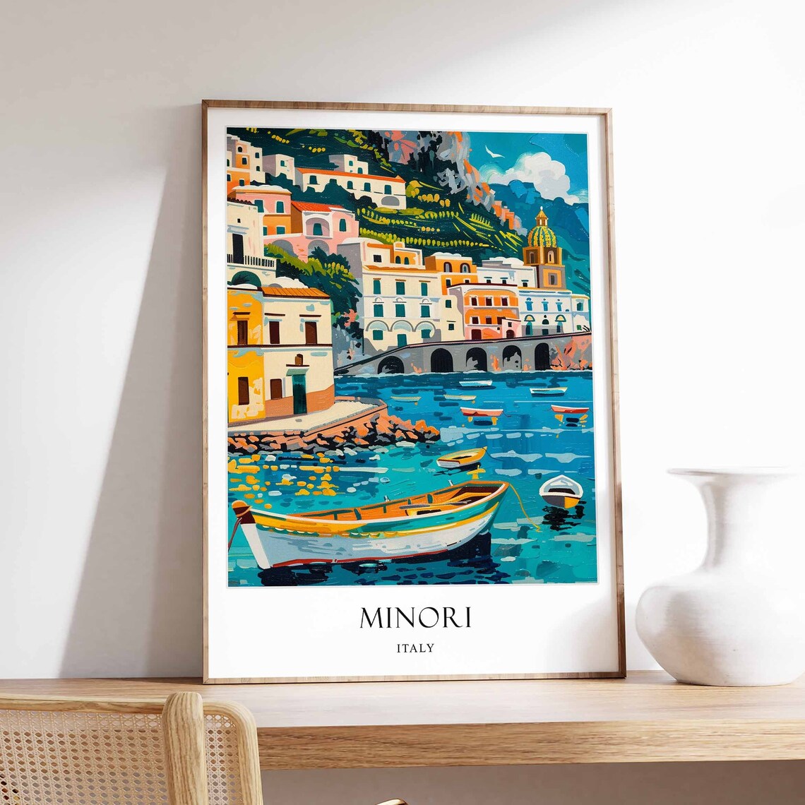 Minori Italy Amalfi Coast Colorful Boats Seaside Travel Poster