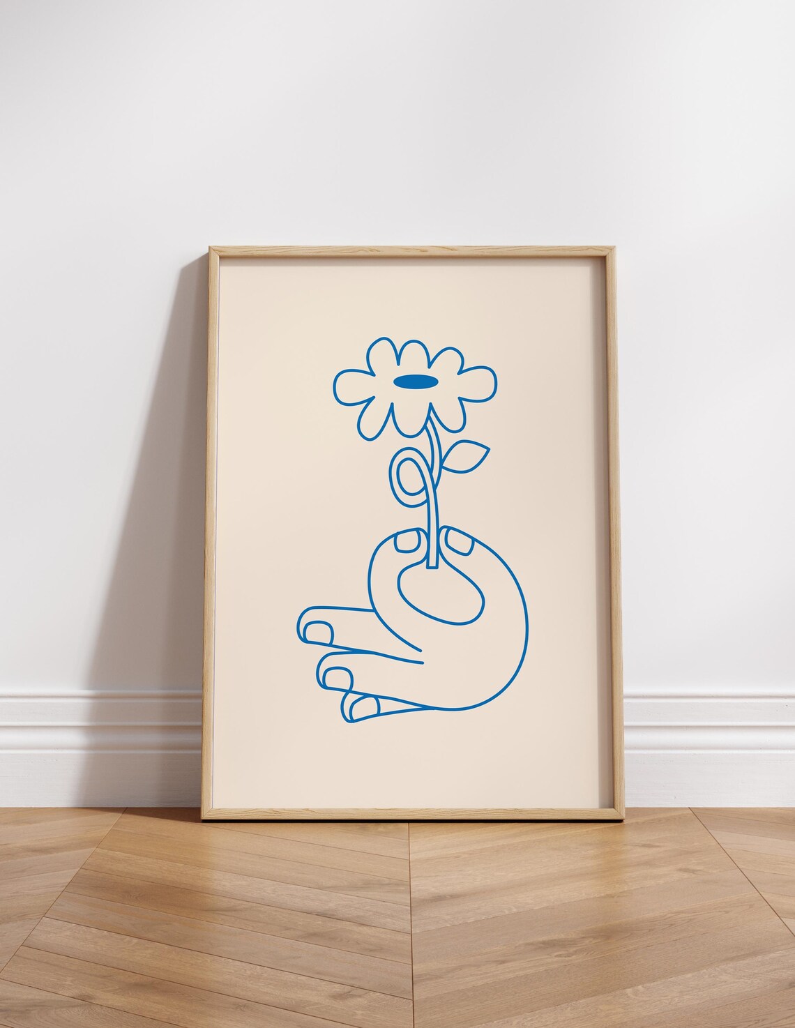 Cobalt Blue Line Art Hand Holding a Flower Minimalist Decor Poster