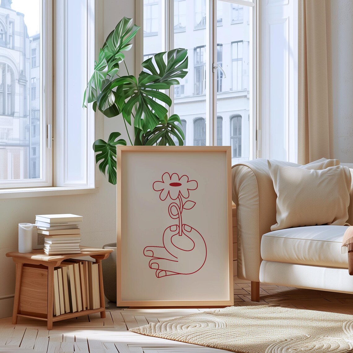 Elegant Minimalist Red Line Drawing Hand Holding a Flower Print - Image 2