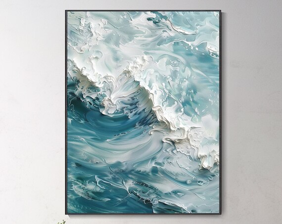 Teal Ocean Wave Swirl White Foam Textured Seascape Power Wall Art