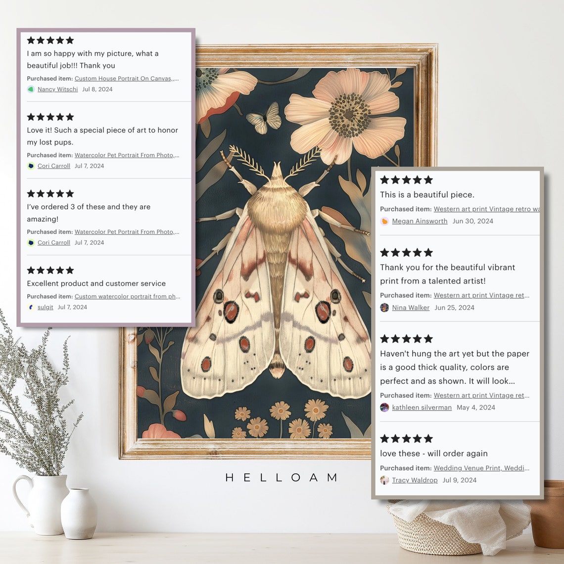 Vintage Moth Poppy Flowers Dark Navy Botanical Illustration Boho Print - Image 4