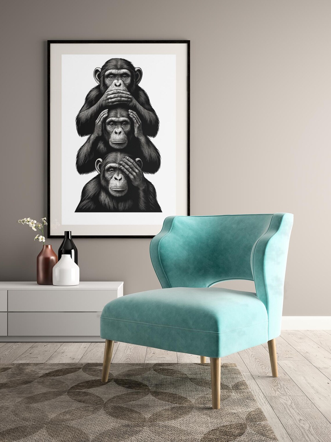 Three Wise Monkeys, Minimalist Animal Decor Poster - Image 3