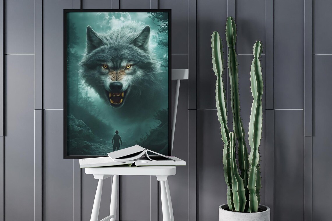 Wolf Poster, Full Moon Dark Forest Fantasy Art - Image 2