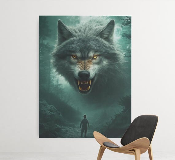 Wolf Poster, Full Moon Dark Forest Fantasy Art