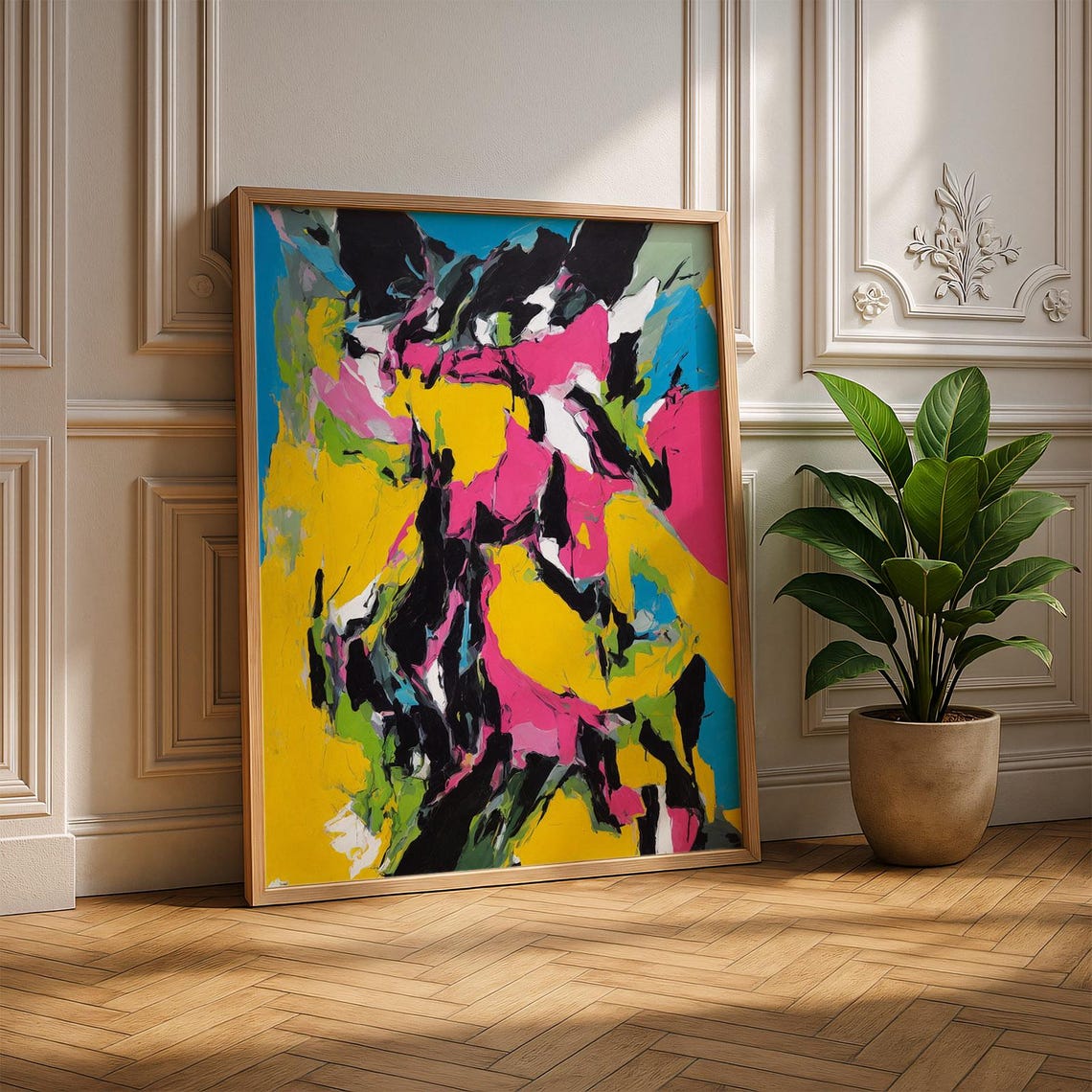 Pink Yellow Black Bold Painterly Abstract Expressionist Art Poster