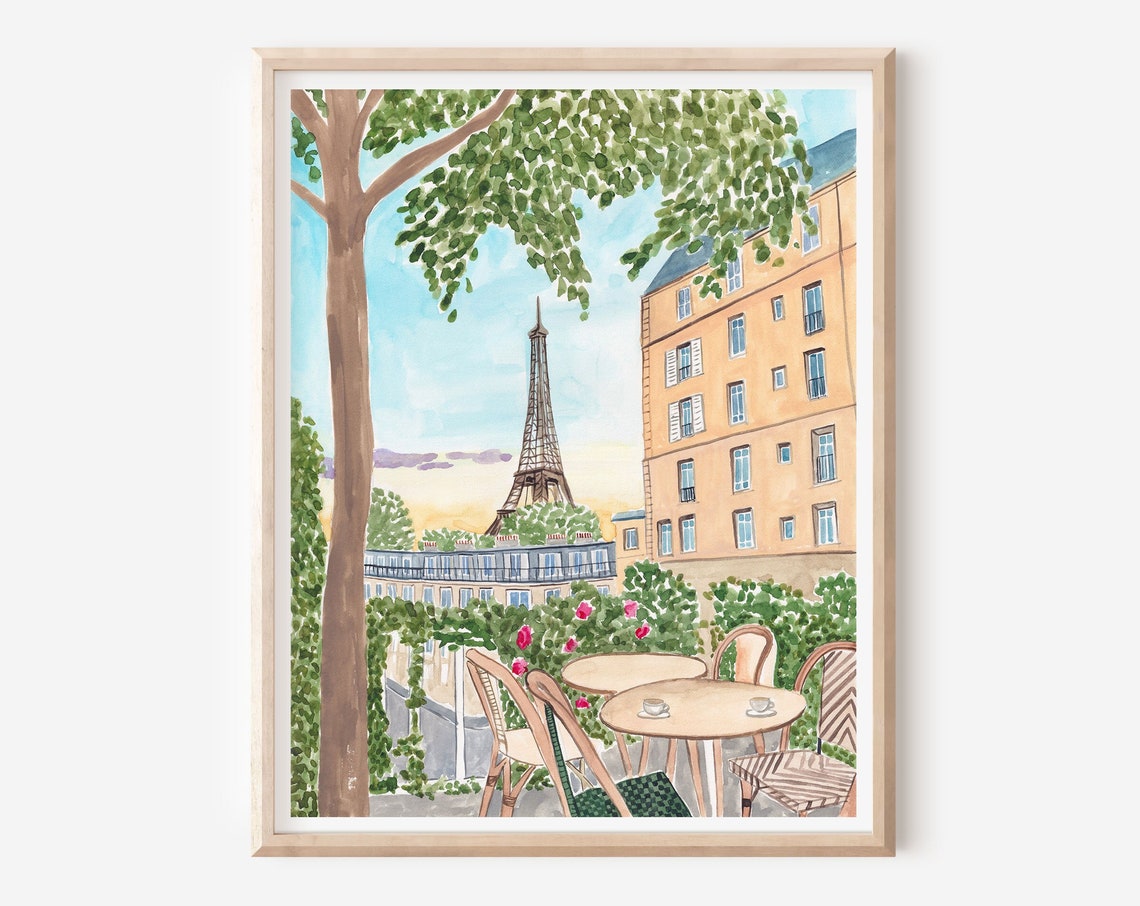 Eiffel Tower View From Parisian Terrace Cafe At Sunset Wall Art