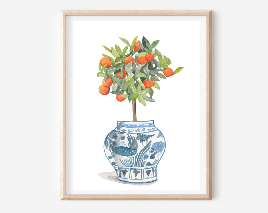 Orange Topiary Tree In Blue And White Porcelain Planter Print