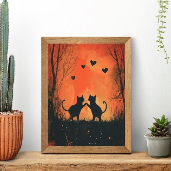 Romantic Cat Silhouette, Minimalist Valentine Decor