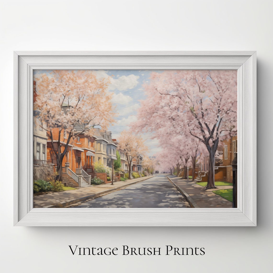 Cherry Blossom Street Spring Cityscape Vintage Rowhouse Poster