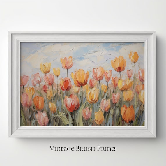 Vintage Tulip Field Painting, Retro Spring Landscape