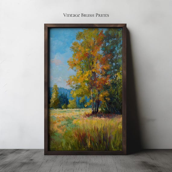 Vintage Fall Landscape Painting Rustic Forest Scene