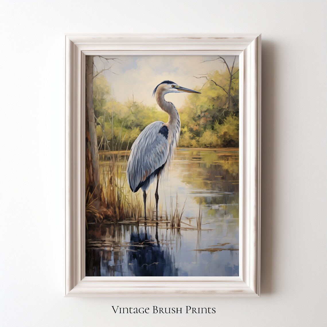 Great Blue Heron Standing in Wetland Vintage Style Oil Print