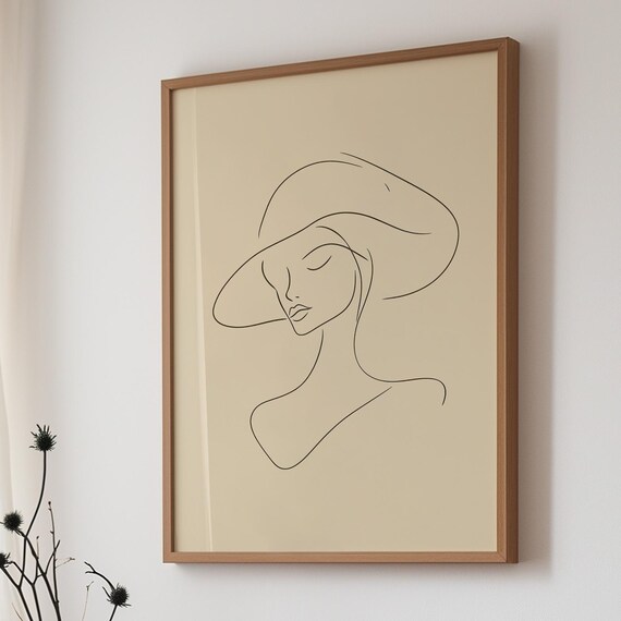 Elegant Woman in Hat Minimalist Line Art Feminine Neutral Art Poster
