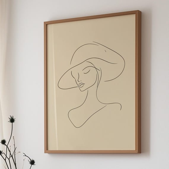 Timeless Grace Line Art Elegant Woman In Hat Japandi Minimalist Wall Art Neutral Modern Home Decor Zen Style Print