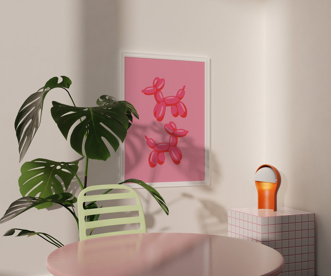 Twin Pink Balloon Dogs Minimalist Soft Pink Backdrop Fun Art Poster - Image 3