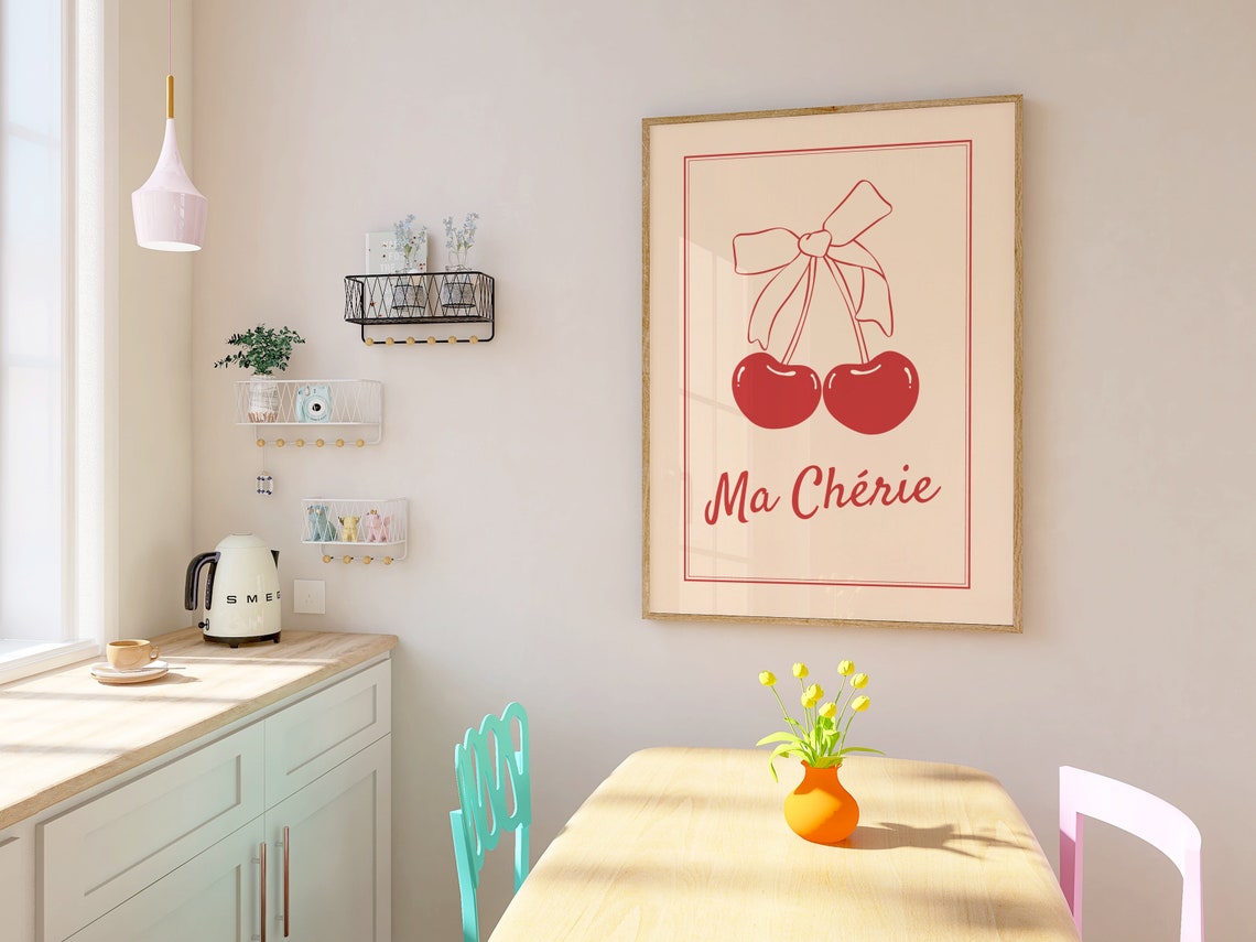 Ma Cherie Red Cherry Bow Coquette French Kitchen Script Art Poster - Image 2