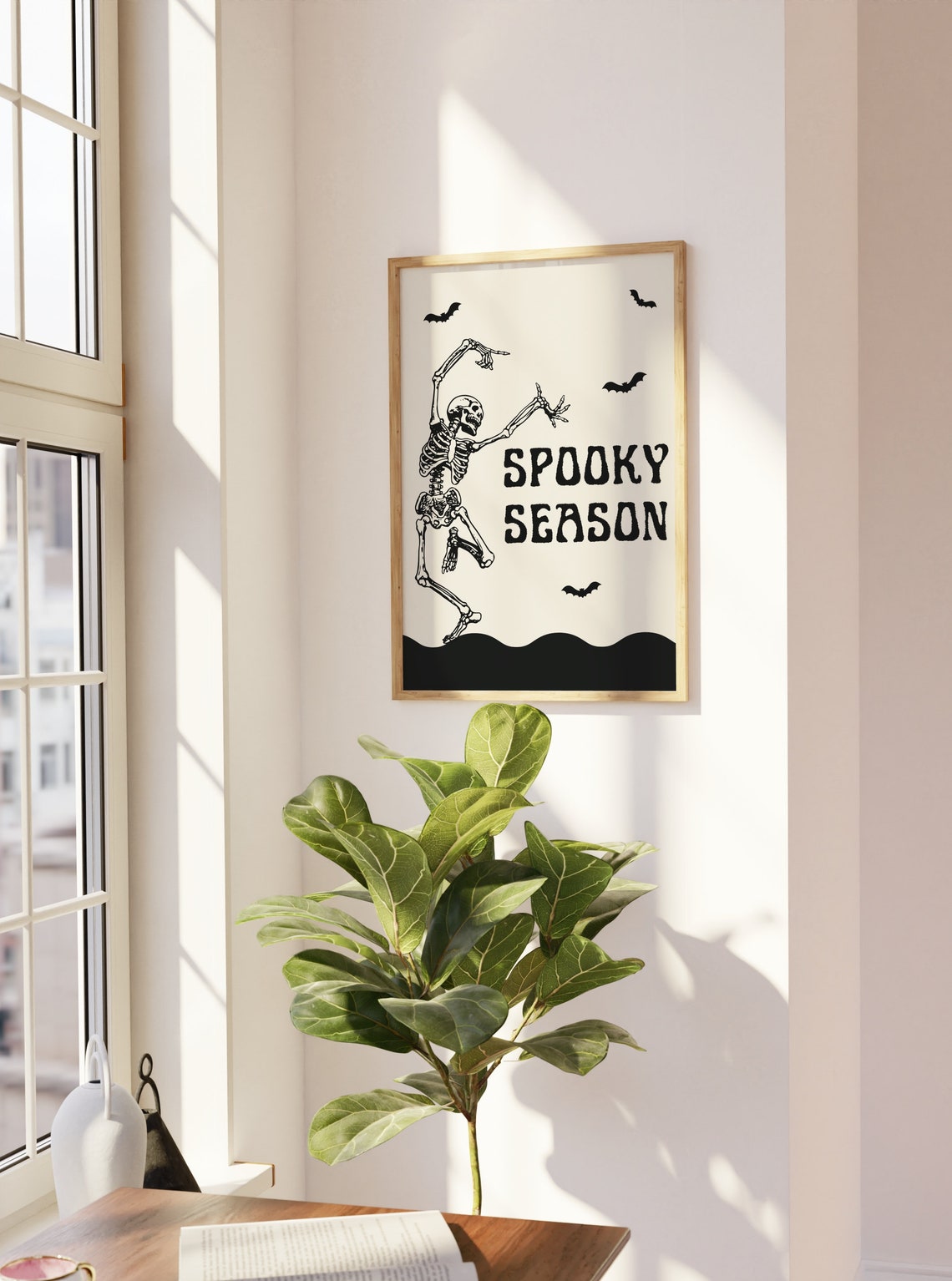 Spooky Season Dancing Skeleton Black Cream Retro Halloween Art Poster - Image 3