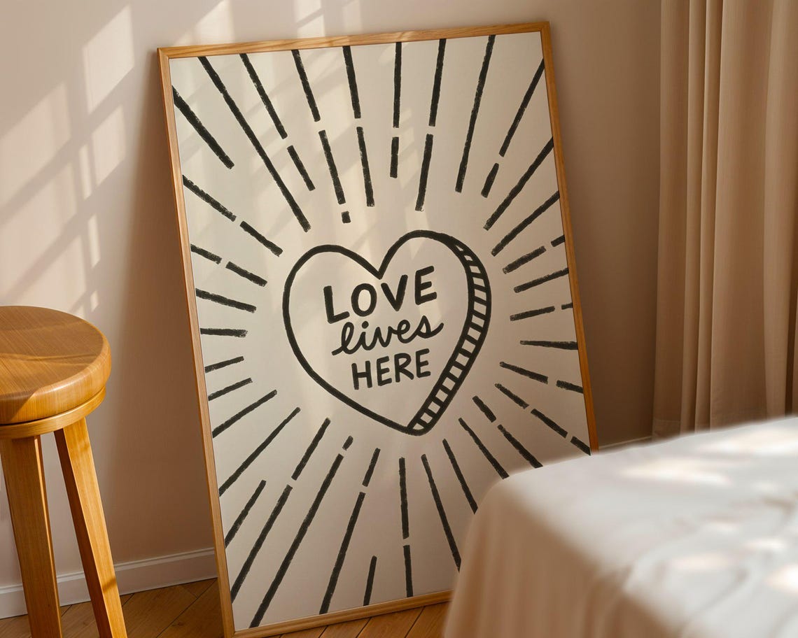 Love Lives Here Heart Sunburst Black White Retro Wall Poster