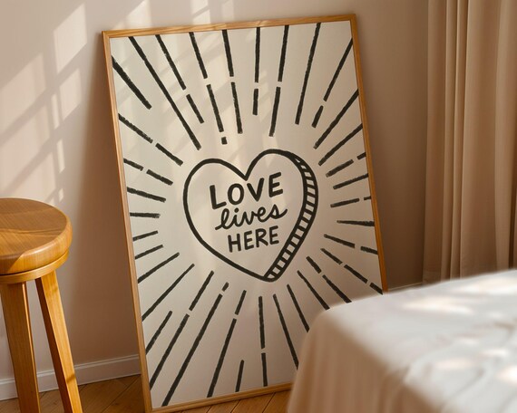 Love Lives Here Heart Sunburst Black White Retro Wall Poster