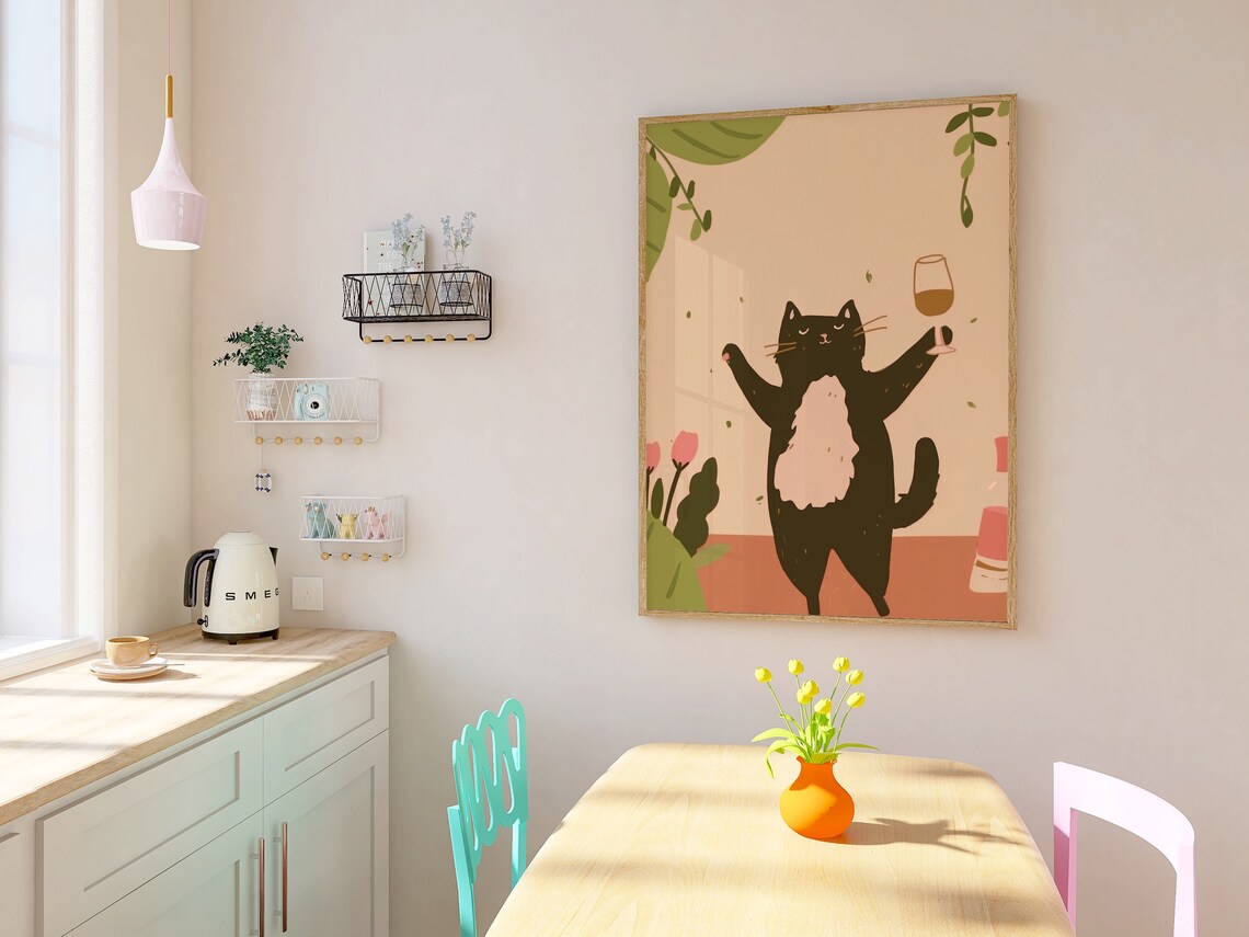 Raising Cheers Black Cat Wine Glass Cute Hand Drawn Kitten Poster - Image 3