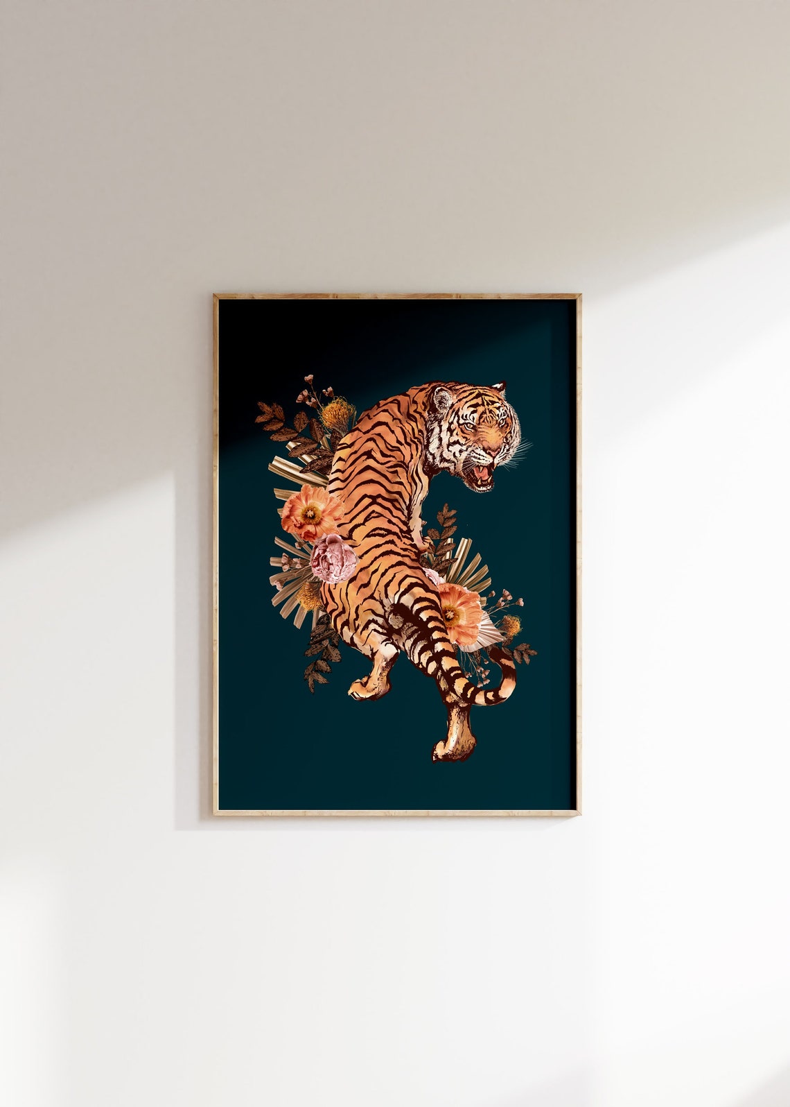 Fierce Roaring Tiger Among Florals Emerald Green Jungle Art Print