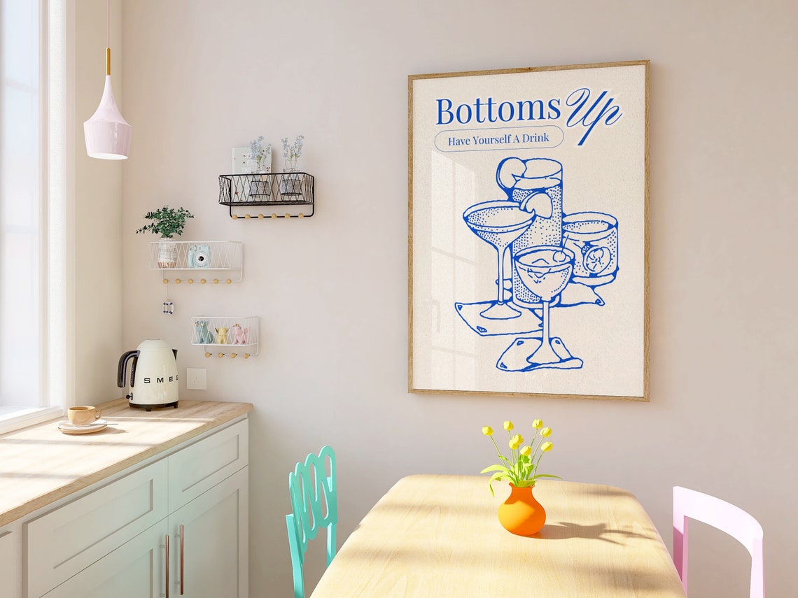 Bottoms Up Have Yourself A Drink Blue Cocktail Line Art Poster - Image 3