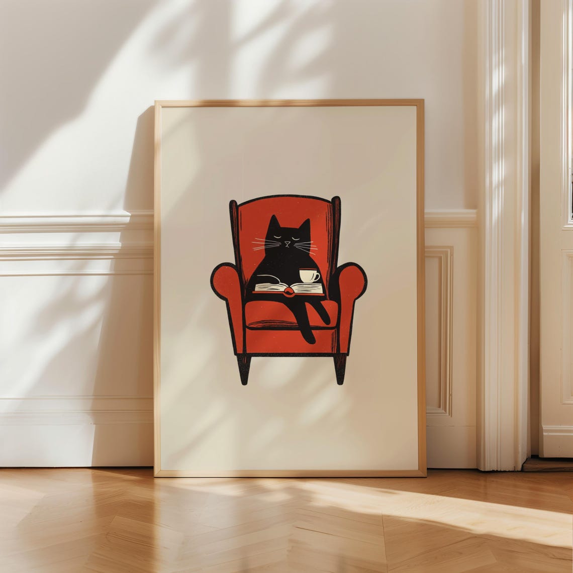 Cute Black Cat Reading Book Red Armchair Cozy Bookworm Poster - Image 2
