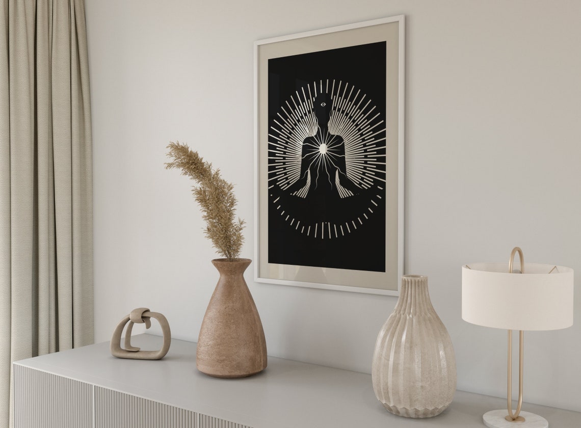 Spiritual Meditation Silhouette Sunburst Black White Art Poster - Image 2